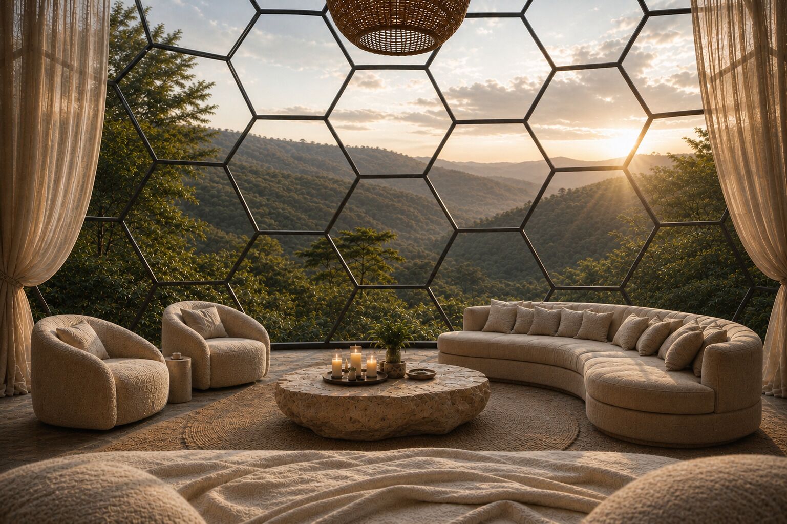 Habitació amb finestra hexagonal, un sofà, una cadira, taula de centre rodona i llum penjant.