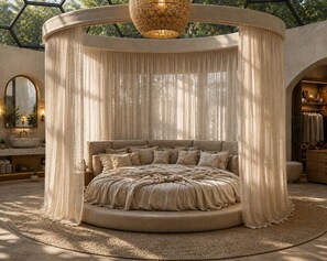 Ein Bett mit Himmelszelt, ein runder Teppich und eine Pendelleuchte in einem Raum mit geometrischer Decke und Blick auf Grünflächen.