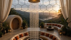 A luxurious lounge area with a circular seating arrangement, a central water feature, and a panoramic mountain view. - Private 75-Acre Dome Estate: Waterfall, Farm, Trails & Pacific Views (Platanillo)