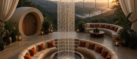 A luxurious lounge area with a circular seating arrangement, a central water feature, and a panoramic mountain view.