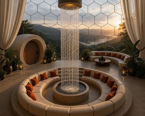 Ein luxuriöser Lounge-Bereich mit einer runden Sitzecke, einem zentralen Wasserspiel und einem weiten Blick auf die Berge.