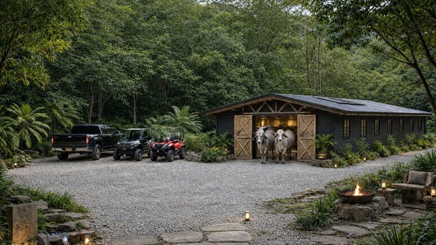 A rustic cabin with a gravel driveway, parked vehicles, and a fire pit. - Private 75-Acre Dome Estate: Waterfall, Farm, Trails & Pacific Views (Platanillo)