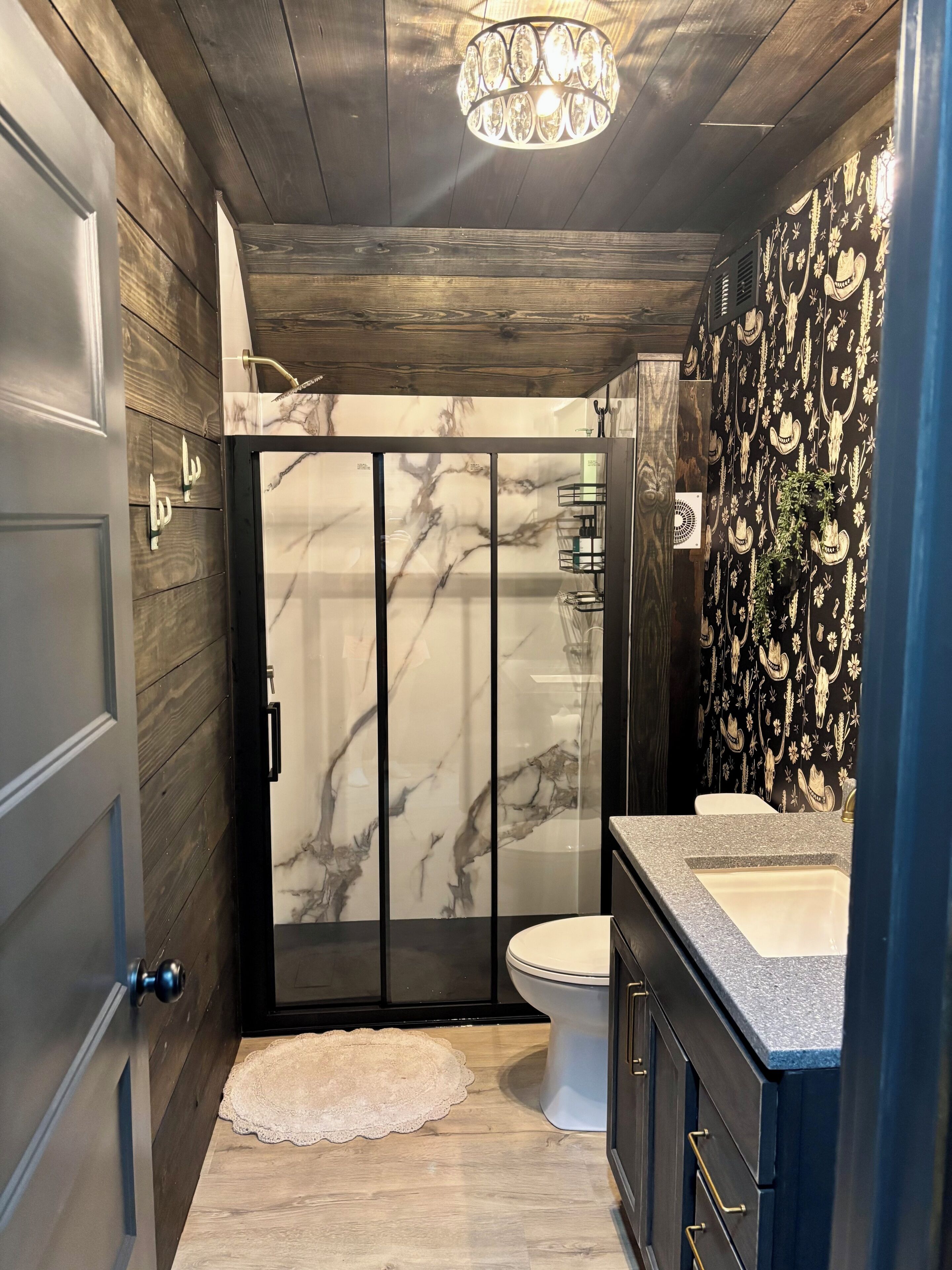 Shower, towels, soap, toilet paper