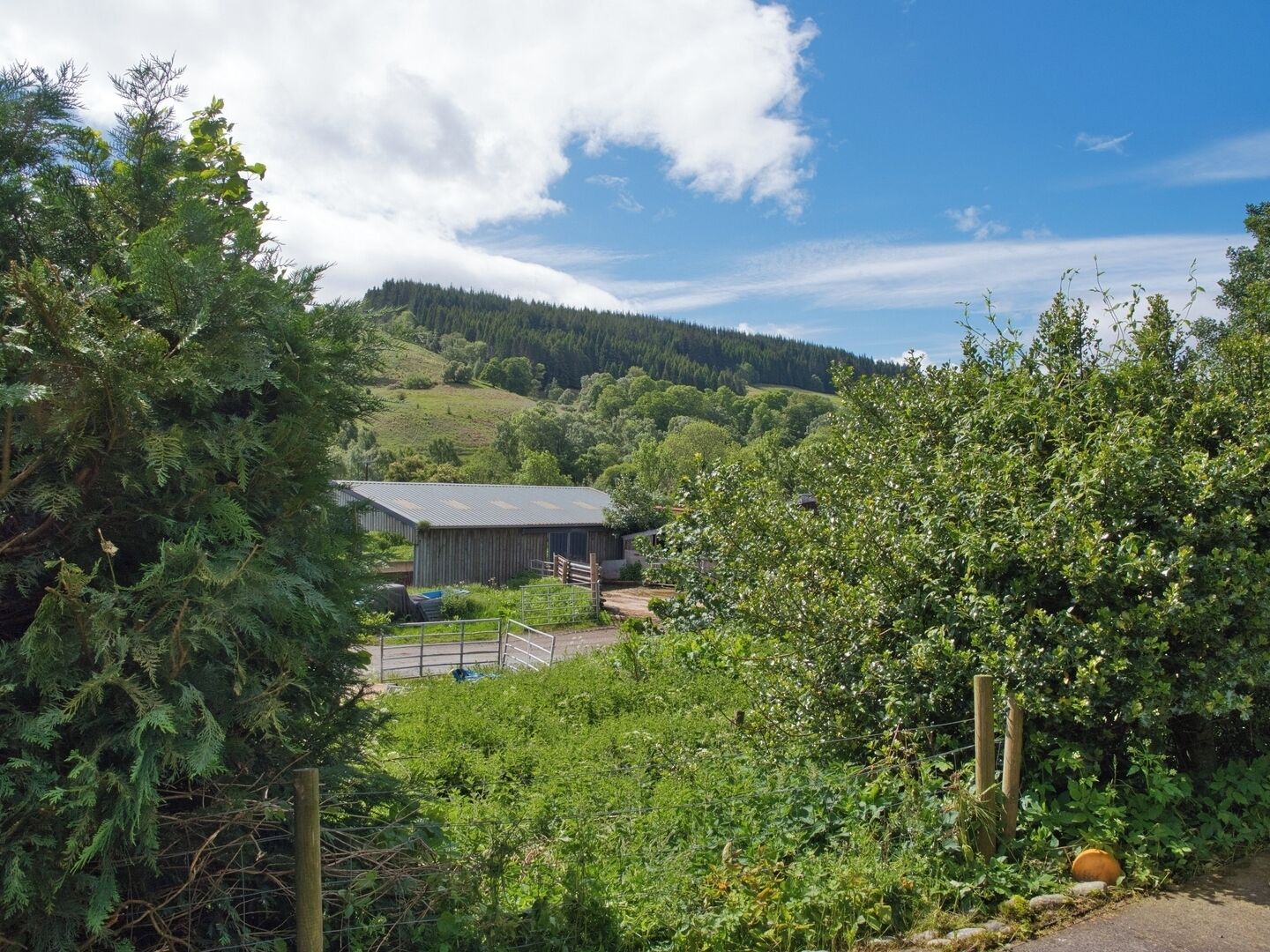A rural property with a barn, a fenced area, and a hill in the background.