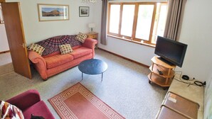 Een woonkamer met een bank, een televisie op een houten meubel, een tapijt met dessin, en een raam met gordijnen.