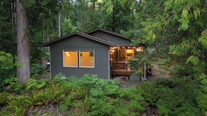 A cabin with a porch, surrounded by dense forest. - Mt Baker Forest Cabin Hot Tub Fireplace (Deming)