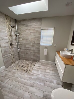 Hair dryer, towels, soap, shampoo