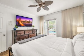Une chambre d’hôtel avec un lit, un téléviseur fixé au mur, un ventilateur de plafond, une fenêtre avec des stores et une vue sur le paysage urbain.