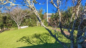 Uma área gramada ao ar livre com árvores e um edifício ao fundo.