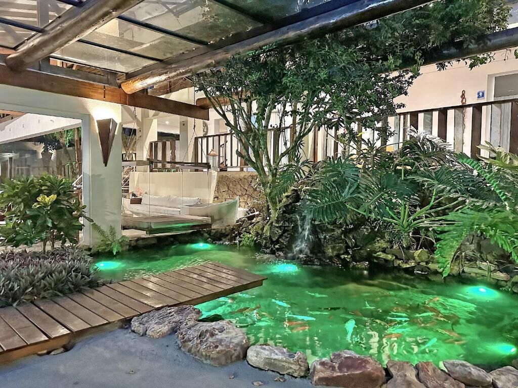 An outdoor garden with a pond, wooden deck, and tropical plants.