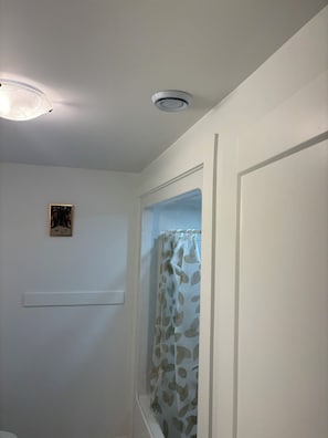 A bathroom with a shower curtain, a ceiling light, and a framed picture on the wall. - The Pearl of Dieppe (Dieppe)