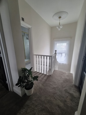A hallway with a carpeted floor, a white railing, a ceiling fan, and a potted plant. - Apartment Sleeps 4 with Parking (Ilford)