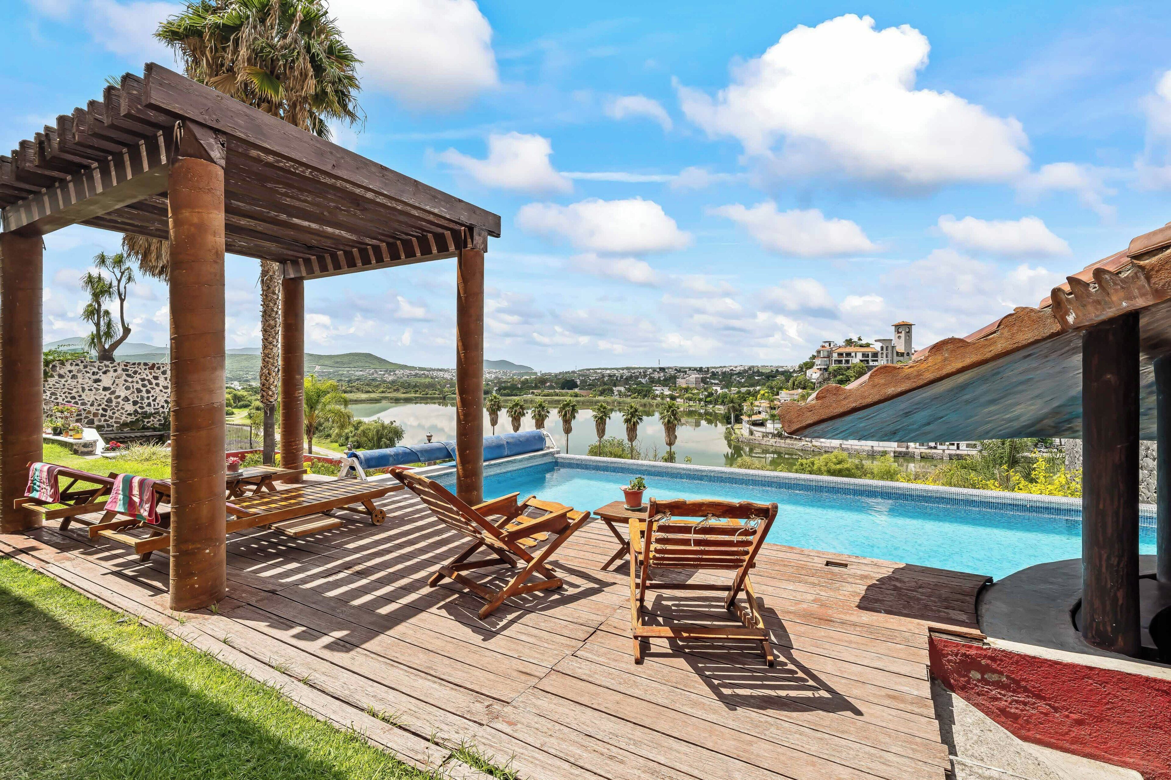 Outdoor pool, pool umbrellas, pool loungers