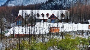Una cabaña con techo simétrico, múltiples ventanas y un paisaje cubierto de nieve.