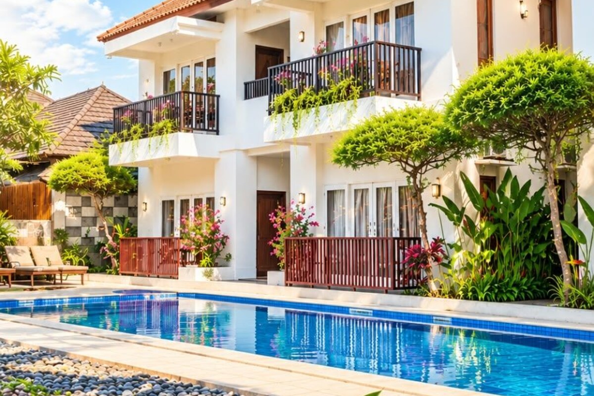 Un edificio de varios pisos con piscina, rodeado de exuberante vegetación y plantas en flor.