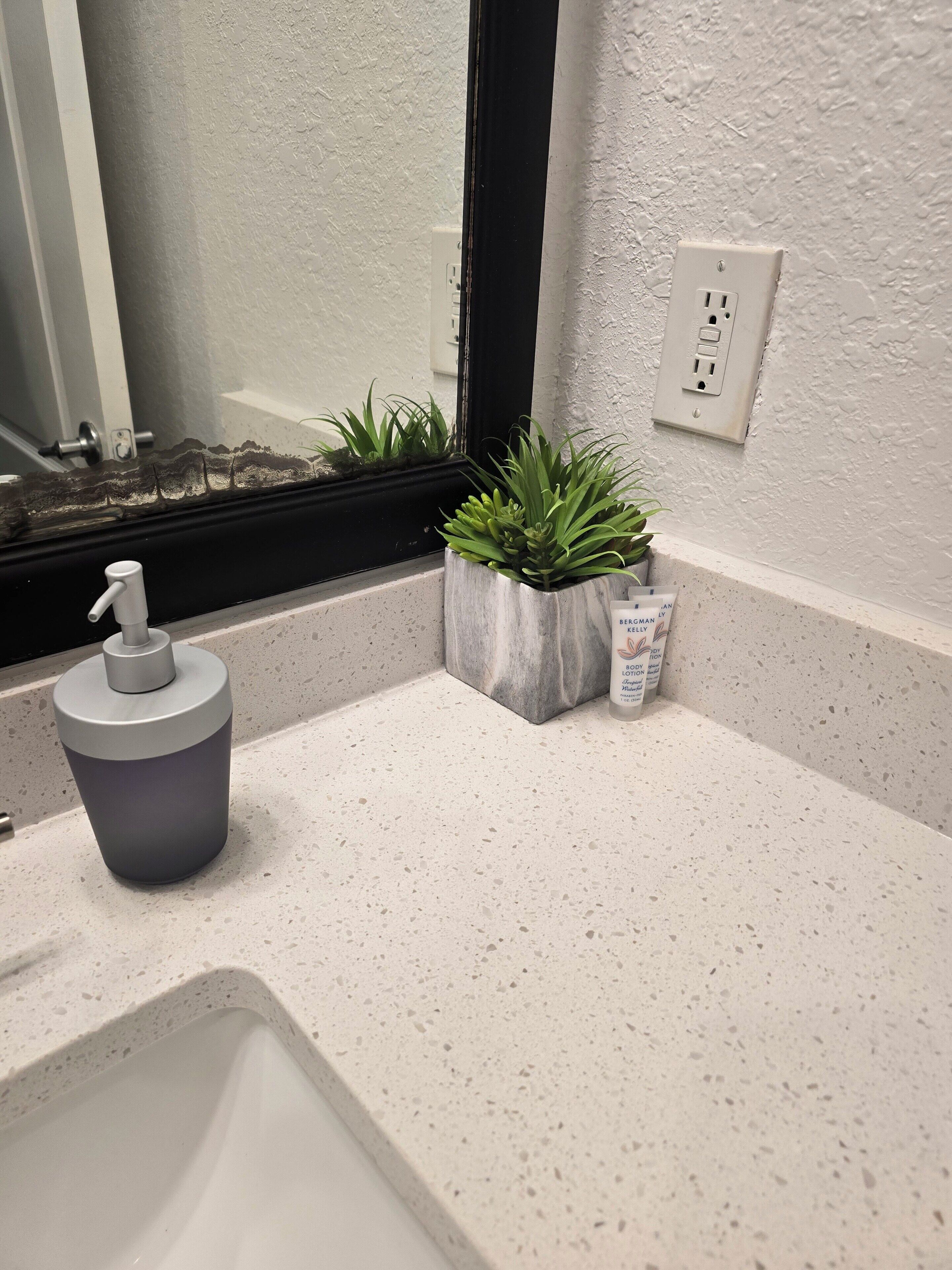 Une salle de bain avec un comptoir blanc à motifs, un distributeur de savon gris, une petite plante en pot et un tube de lotion.