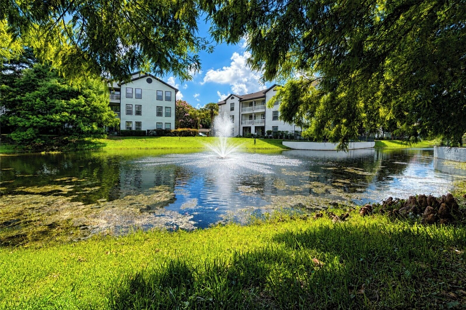 A pond with a fountain, surrounded by lush greenery and a building with multiple windows and balconies.