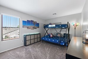 4 bedrooms, desk, iron/ironing board, travel crib