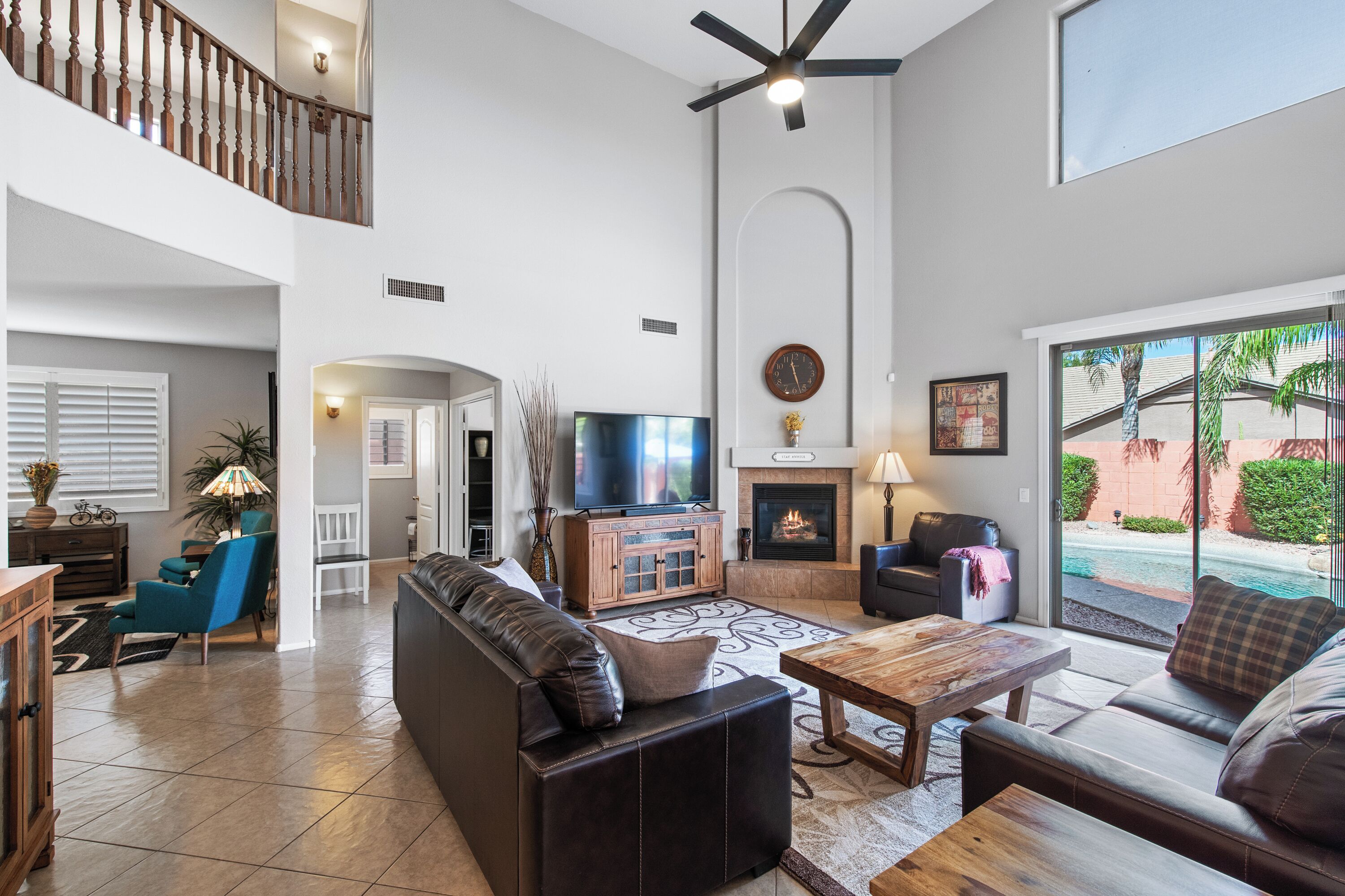 Smart TV, fireplace, video games, DVD player