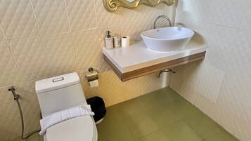 Kylpyhuone, jossa on wc, pesuallas ja peili.