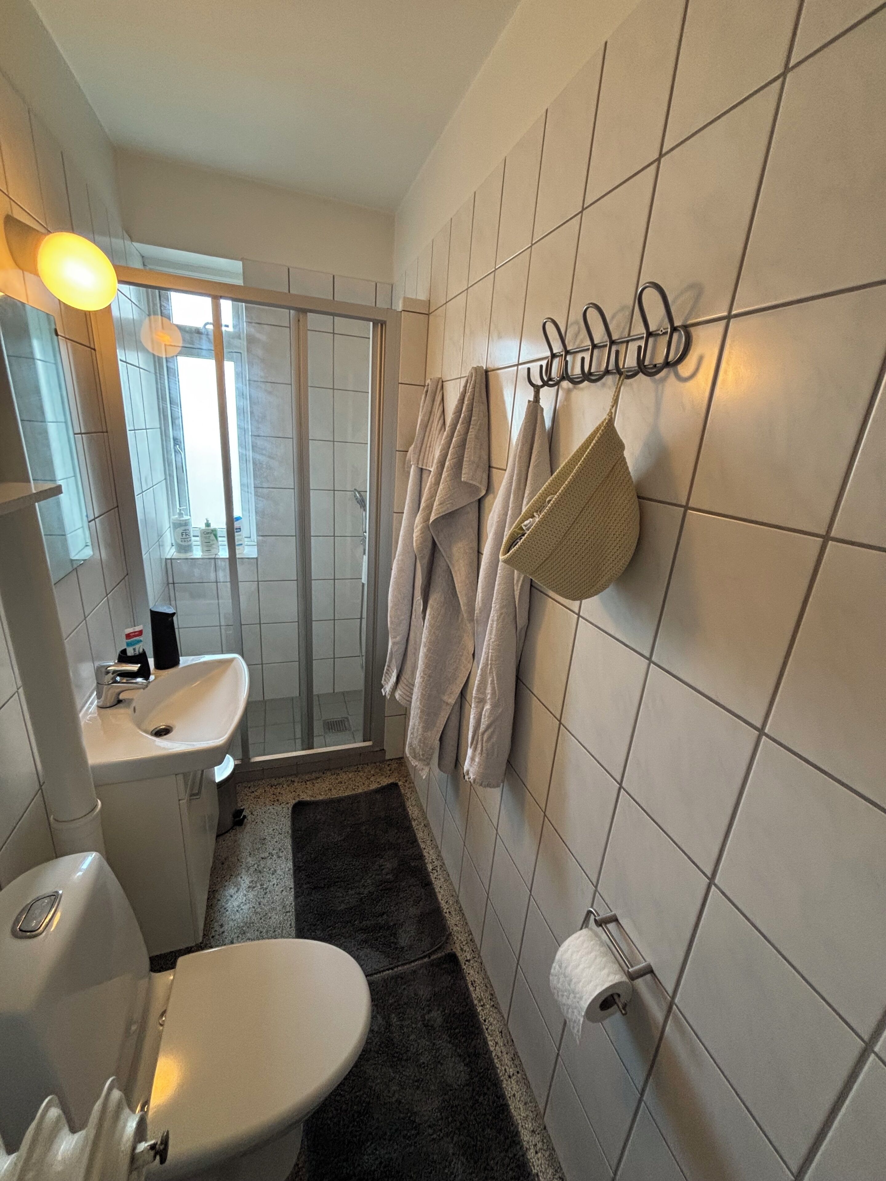 A bathroom with a toilet, sink, shower, and towel rack.