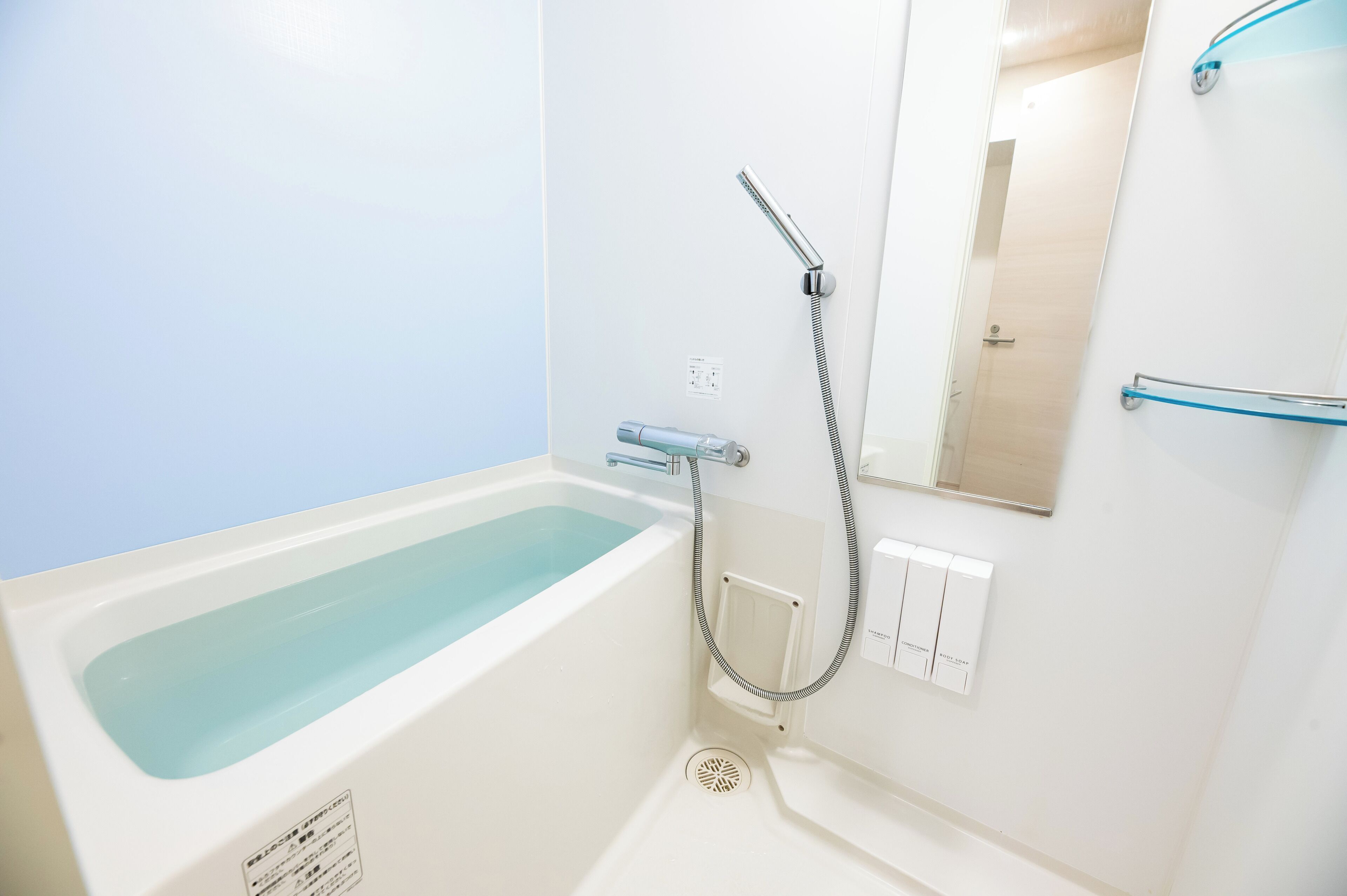 Separate tub and shower, hair dryer, towels, shampoo
