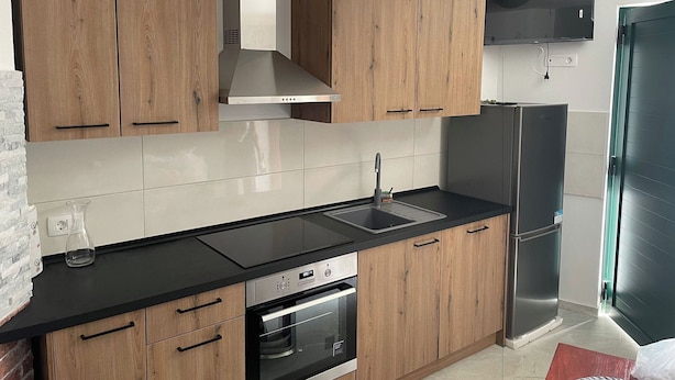 A modern kitchen with wooden cabinets, a stainless steel range hood, a built-in oven, a double sink, and a refrigerator. - Apartment With Balcony And Parking 2, Okrug Gornji, Croatia (Okrug Gornji)