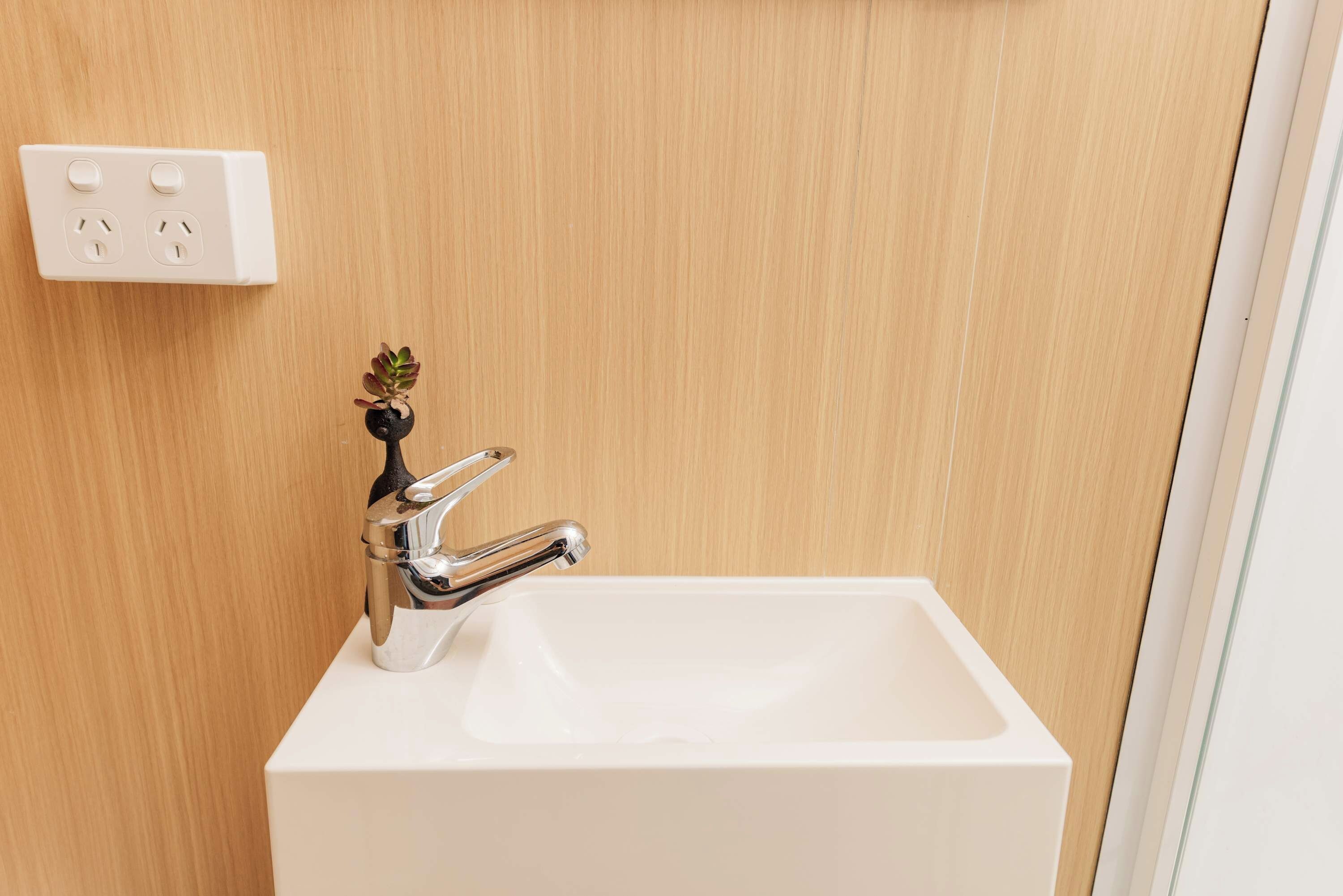 A bathroom sink with a chrome faucet, a small potted plant, and a white wall with a power outlet.