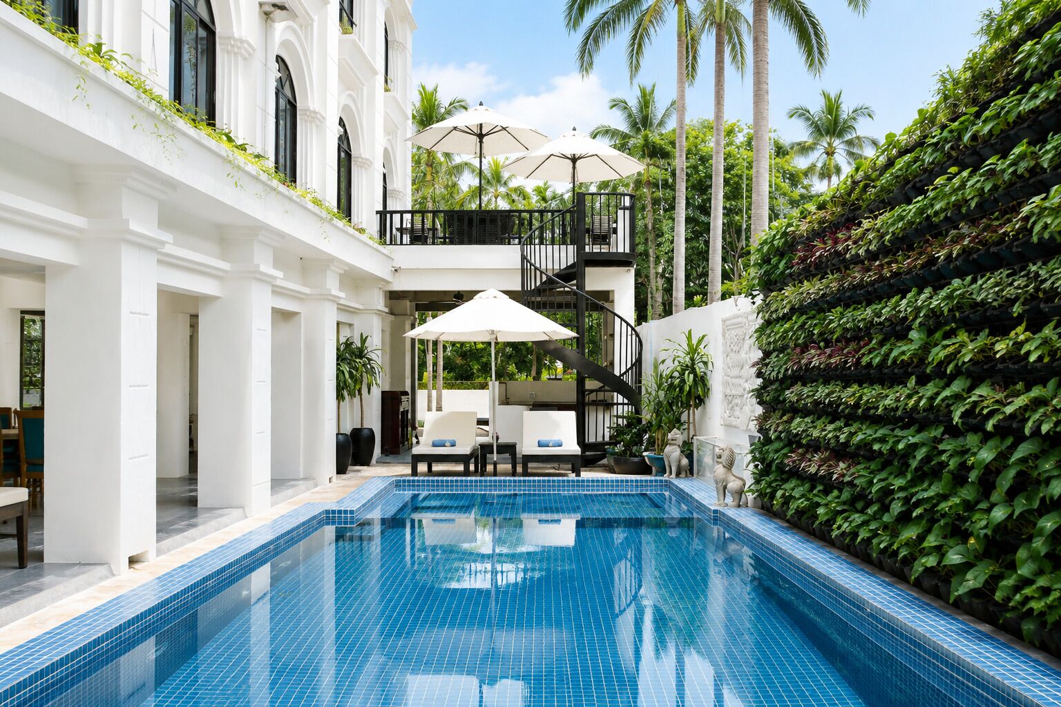 Outdoor pool, open 9:00 AM to 9:00 PM, pool umbrellas, pool loungers