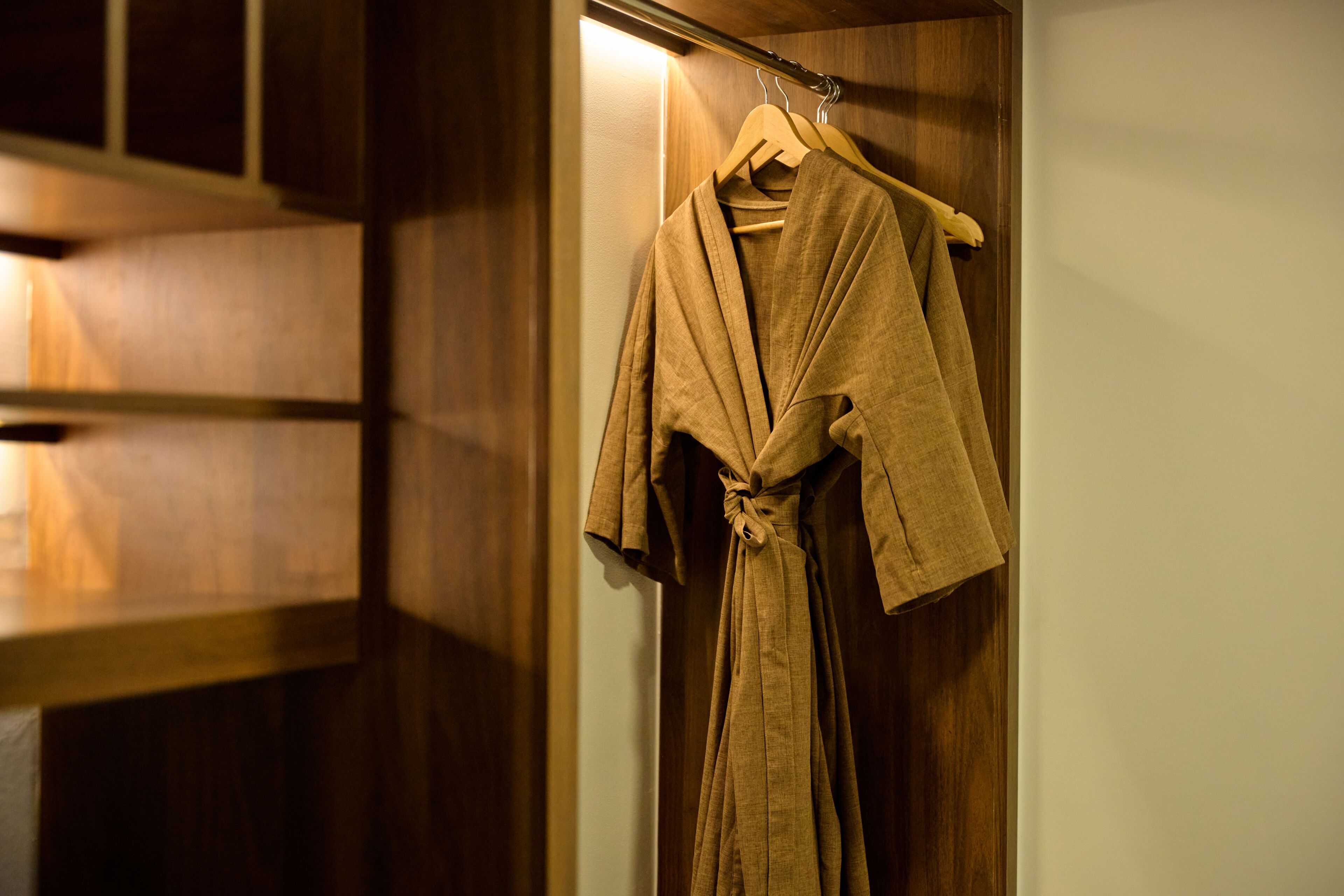 A wooden wardrobe with a robe hanging on a hanger.