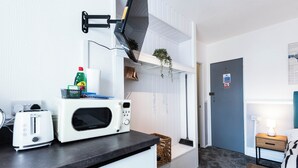 Eine kleine Küchenzeile mit Mikrowelle, Toaster und einer hängenden Pflanze.