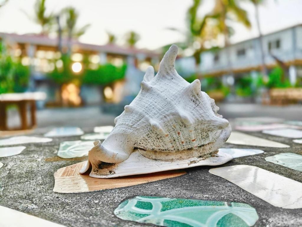 Un coquillage en forme de conque posé sur une surface carrelée, avec un bâtiment et des palmiers en arrière-plan.