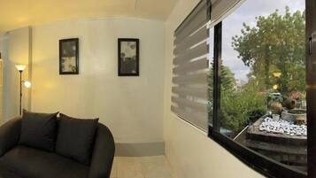 A room with a black sofa, a window with a view of greenery, and two framed pictures on the wall.