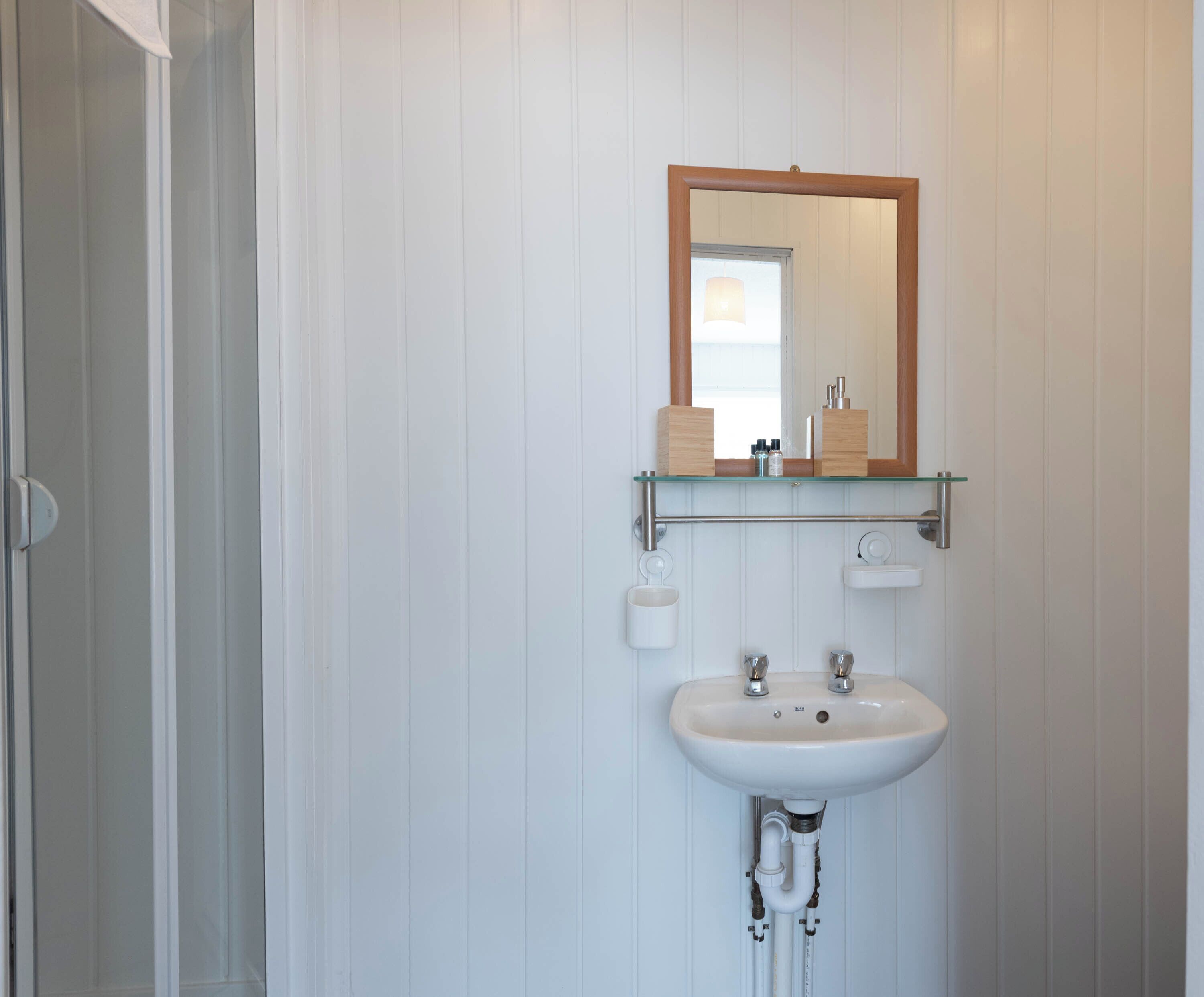 A bathroom with a white sink, a mirror, and a glass shelf above the sink.
