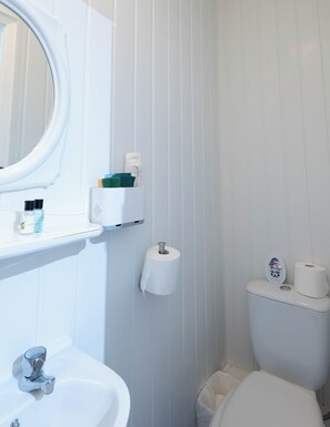 Une salle de bain avec un lavabo blanc, un miroir, des toilettes et une étagère contenant des articles de toilette.