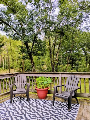A wooden deck with two Adirondack chairs and a red potted plant. - Pet-Friendly, Cozy 2-bedroom cabin near crystal blue Wood Lake with AC (Westfield)