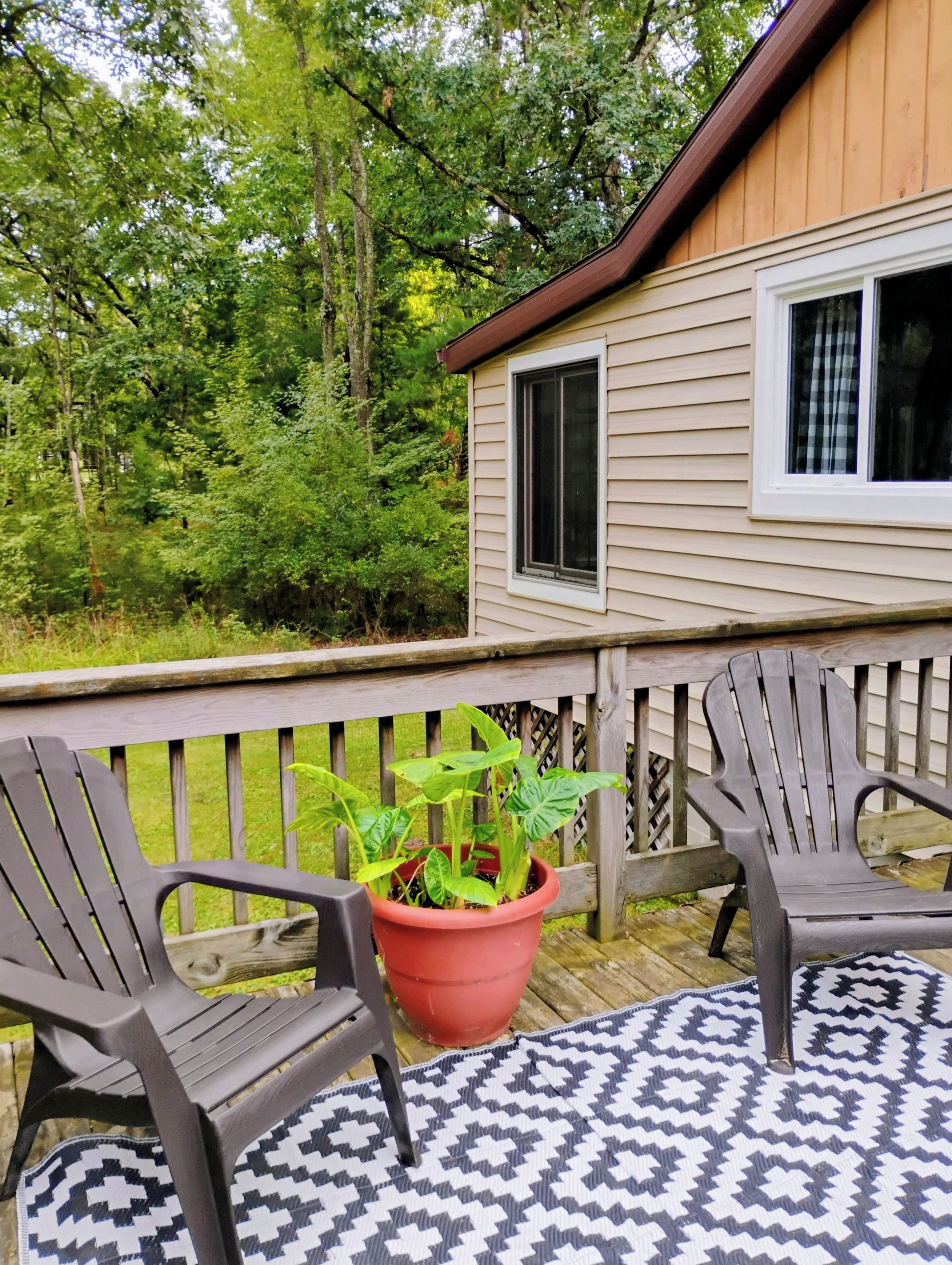 Une terrasse avec deux fauteuils Adirondack, une plante en pot et un tapis à motifs.