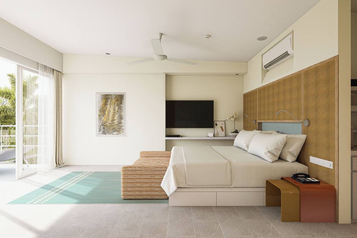 Villa familiar, vista al jardín | Edredón, minibar, caja de seguridad en la habitación y escritorio 