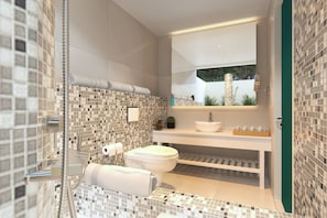 Standard Double or Twin Room, Garden View | Bathroom | Separate tub and shower, hair dryer, slippers, towels - Kandooma Maldives (Kandooma)