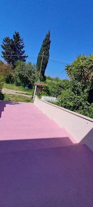 Ein pinkfarbener Außenbereich mit Stufen zu einem überdachten Platz, umgeben von Grünpflanzen und blauem Himmel.