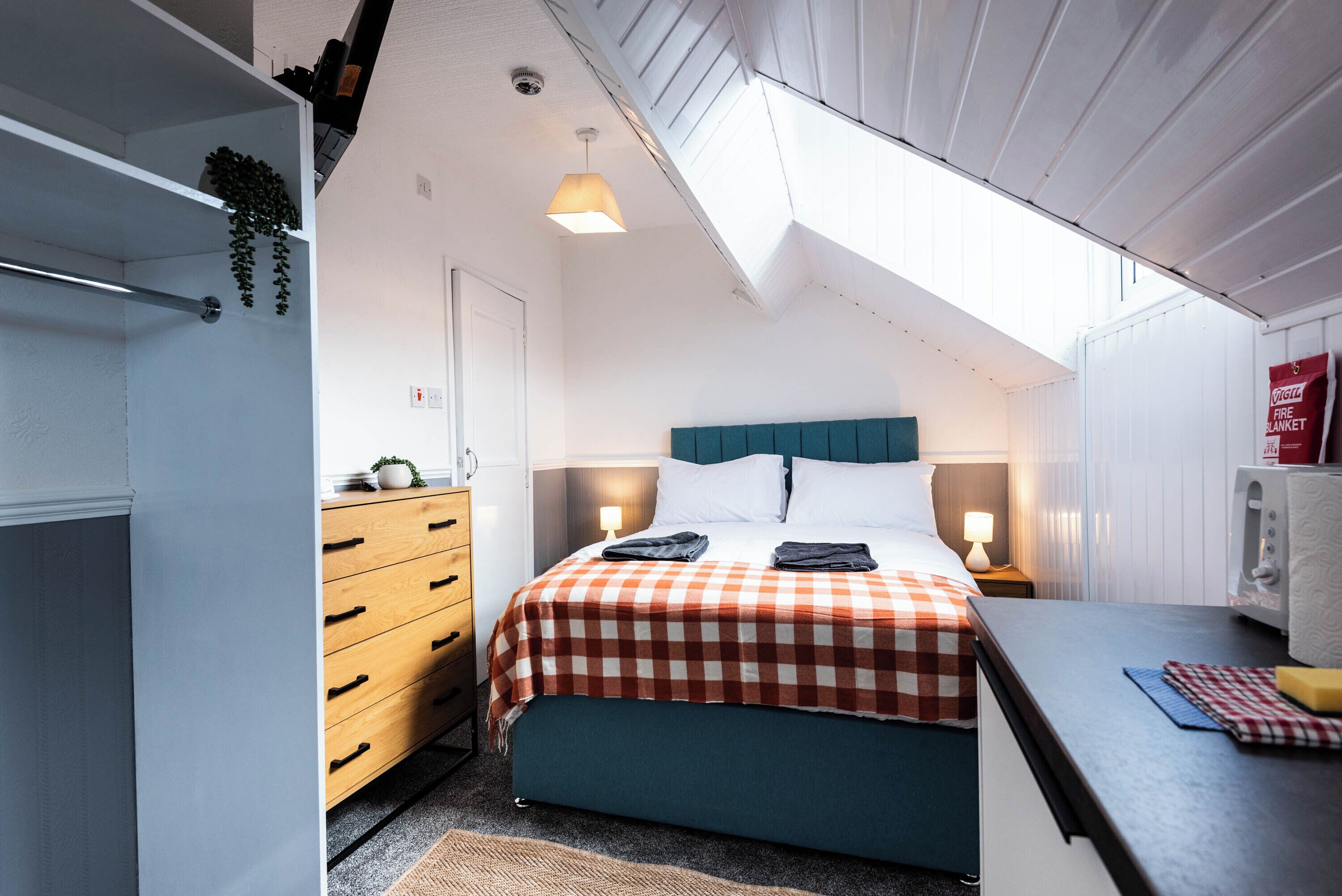A bedroom with a bed, bedside tables, a dresser, a hanging plant, and a skylight.
