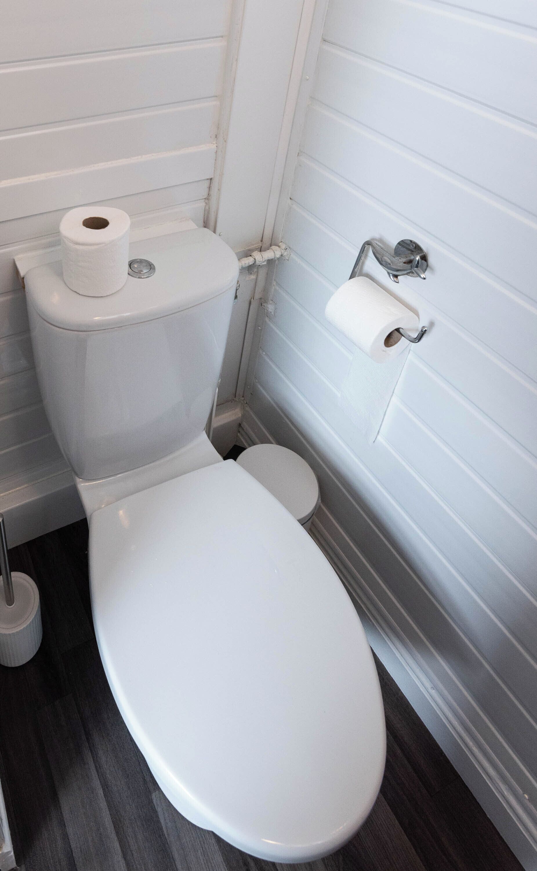 A white toilet with a paper towel holder and a toilet paper roll on the wall.