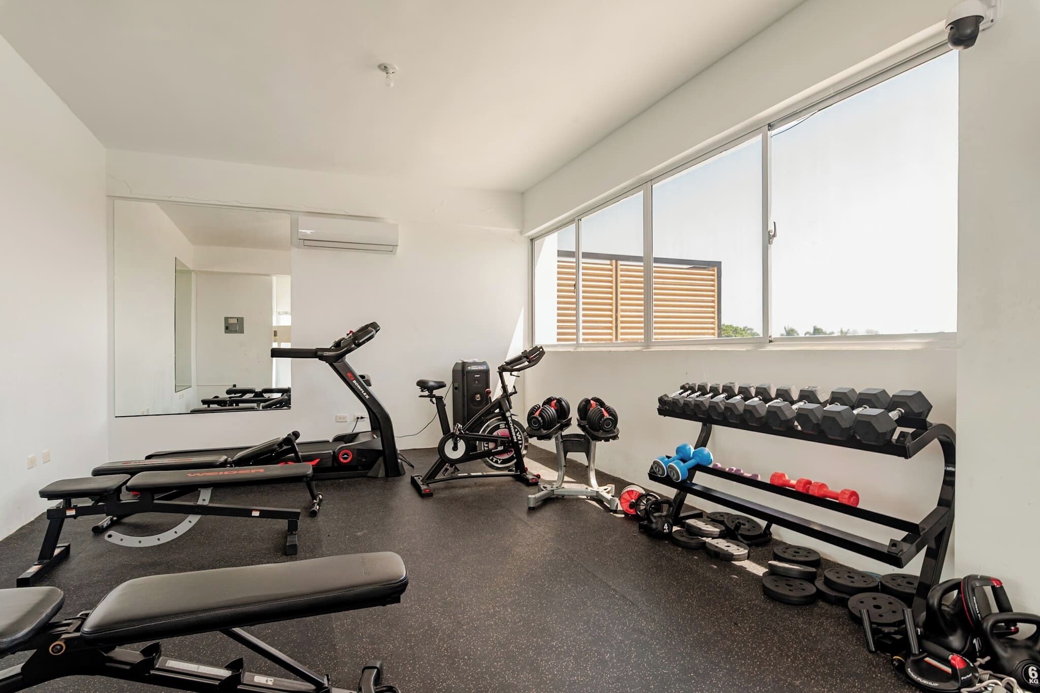 Ein Fitnessstudio mit Cardiogeräten, Kurzhanteln und einer Bank.
