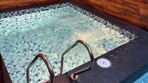 Una pared de madera, una piscina con baldosas y una escalera metálica.