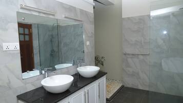 Hair dryer, towels, soap, toilet paper