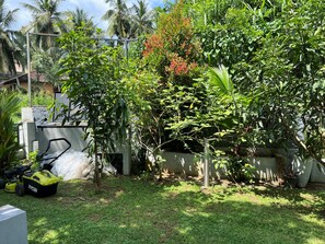 A garden with a lawn, a concrete wall, and a Ryobi lawnmower. - Superb 4-bedroom house with AC in charming Kandy (Kegalle)