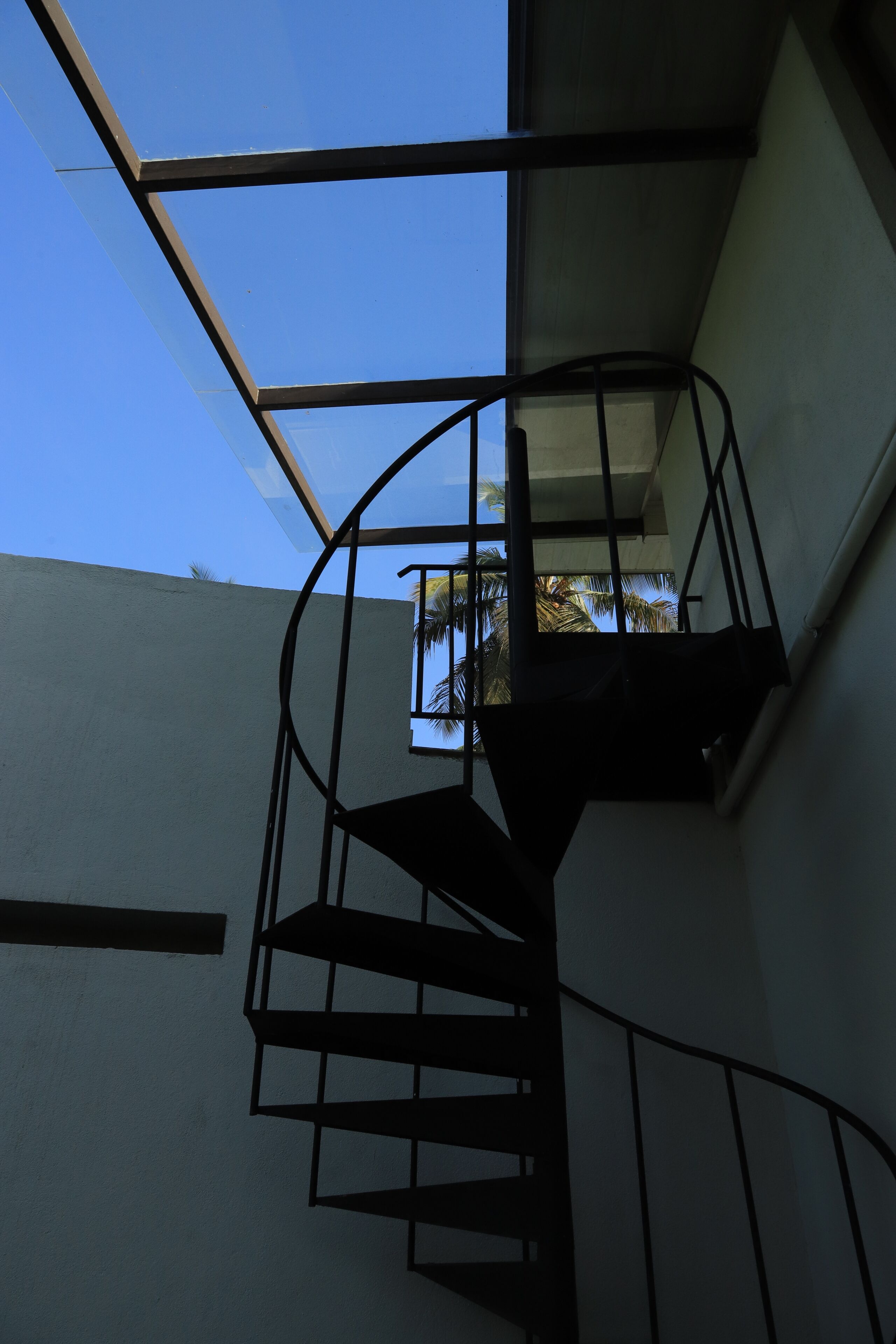 Un escalier en colimaçon doté d’une structure en verre, menant à un balcon d’où l’on peut admirer des palmiers.