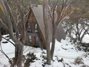 Una cabaña de madera con techo inclinado, rodeada de árboles y nieve.
