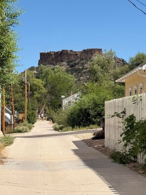 A paved road leading to a mountain with a flag on top, surrounded by greenery and residential buildings.