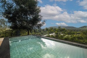 A rectangular pool with a tiled edge, surrounded by a metal fence, with a view of a mountainous landscape and a large tree in the foreground.
